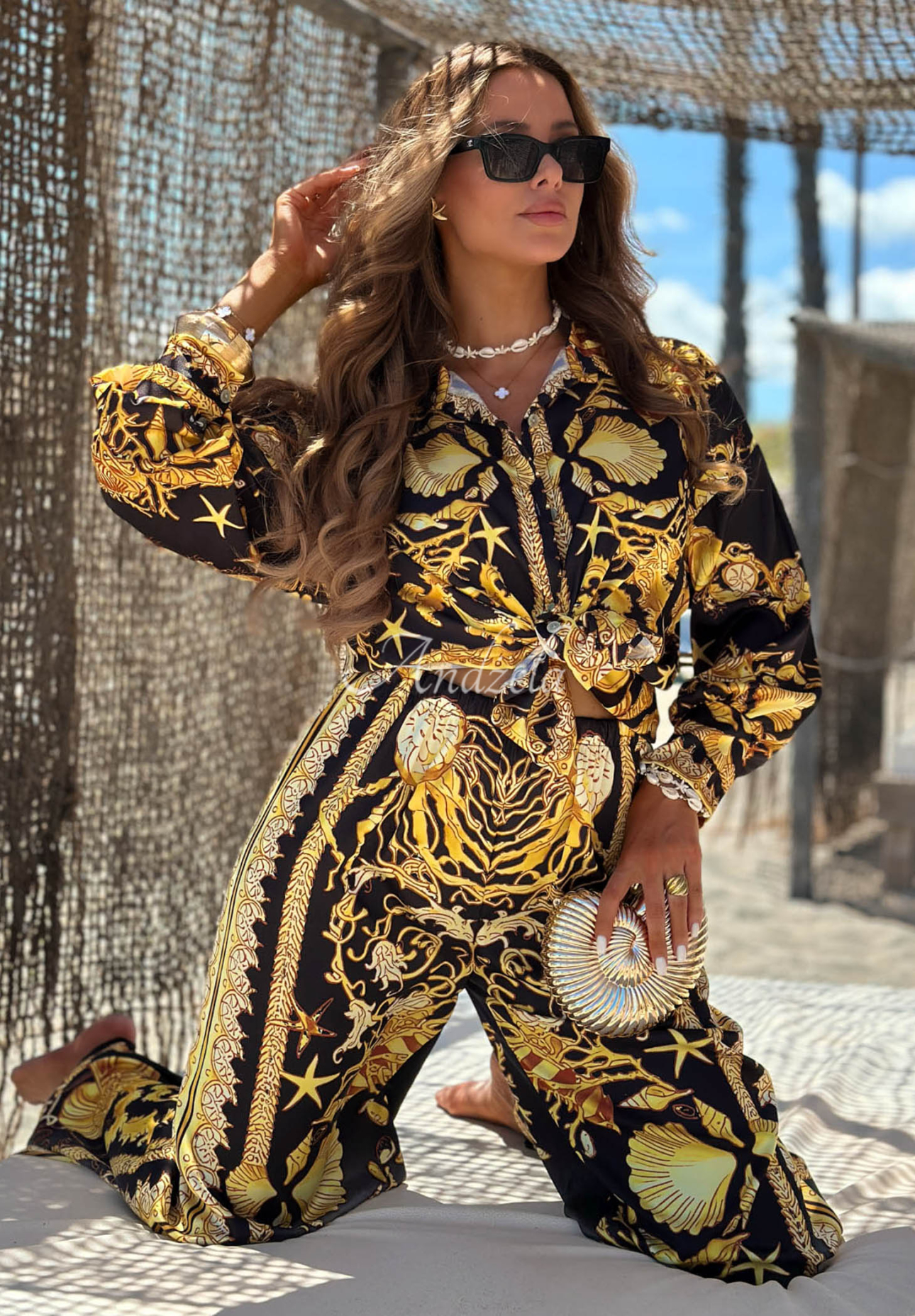 Golden Mare Black and Gold Satin Viscoose Shirt and Wide-Leg Pants Set