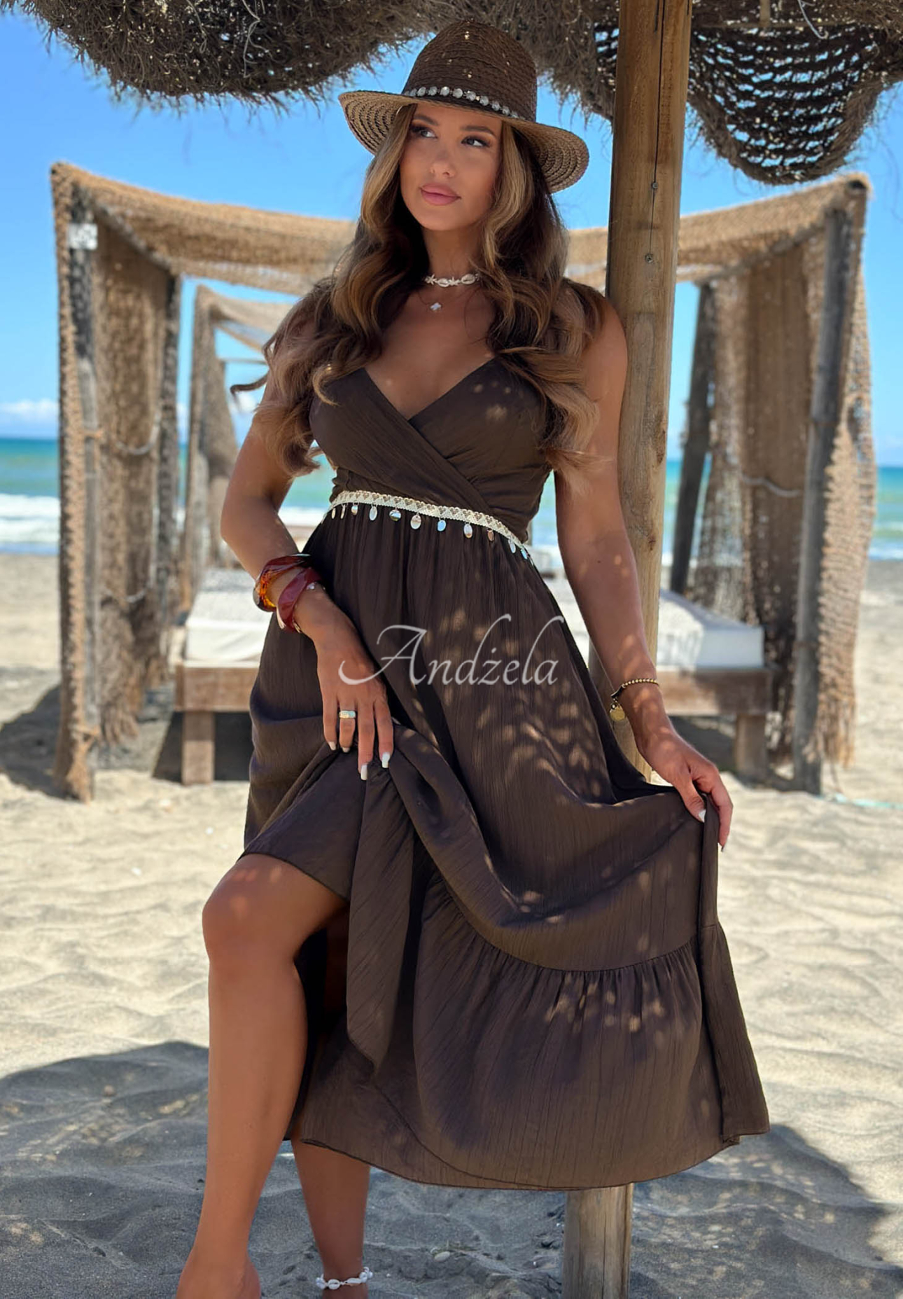 Viscose spaghetti-strap dress with decorative appliqué, Island Muse, chocolate brown