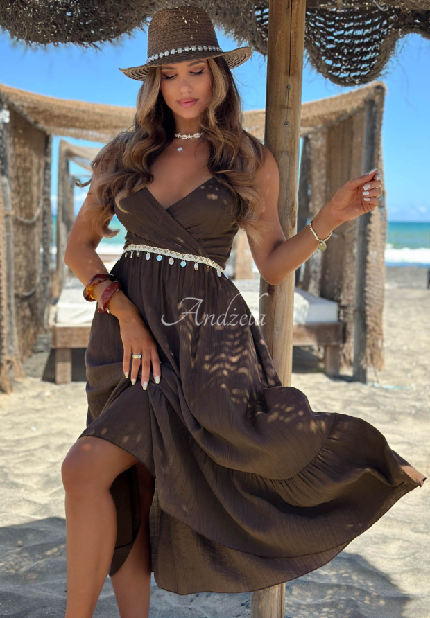 Viscose spaghetti-strap dress with decorative appliqu&eacute;, Island Muse, chocolate brown