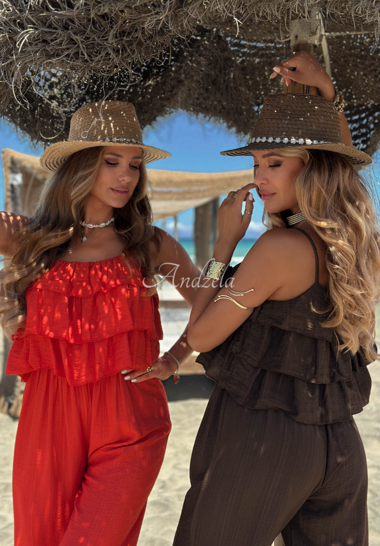 Ocean Charm Long Red Viscose Jumpsuit with Straps and Ruffles