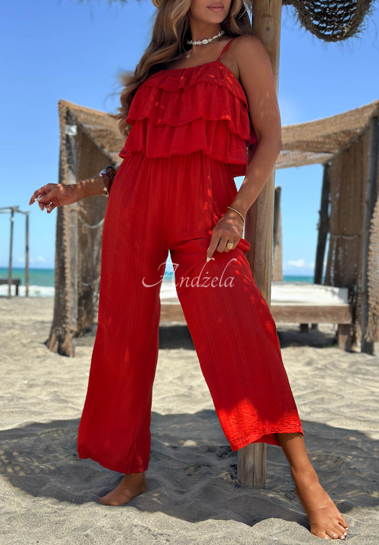 Ocean Charm Long Red Viscose Jumpsuit with Straps and Ruffles
