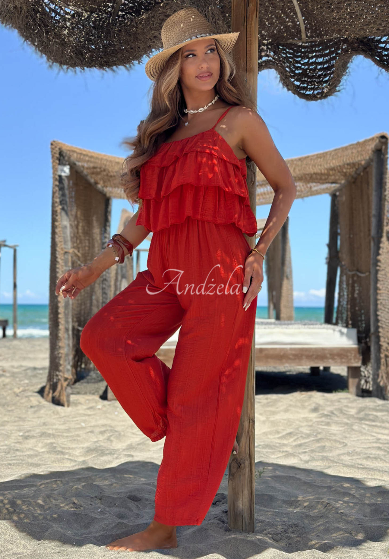 Ocean Charm Long Red Viscose Jumpsuit with Straps and Ruffles