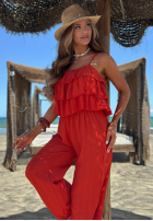 Długi kombinezon wide leg na ramiączkach z falbankami Ocean Charm beżowy