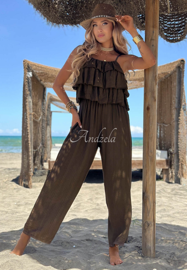 Ocean Charm Chocolate-Colored Long Viscose Jumpsuit with Straps and Ruffles
