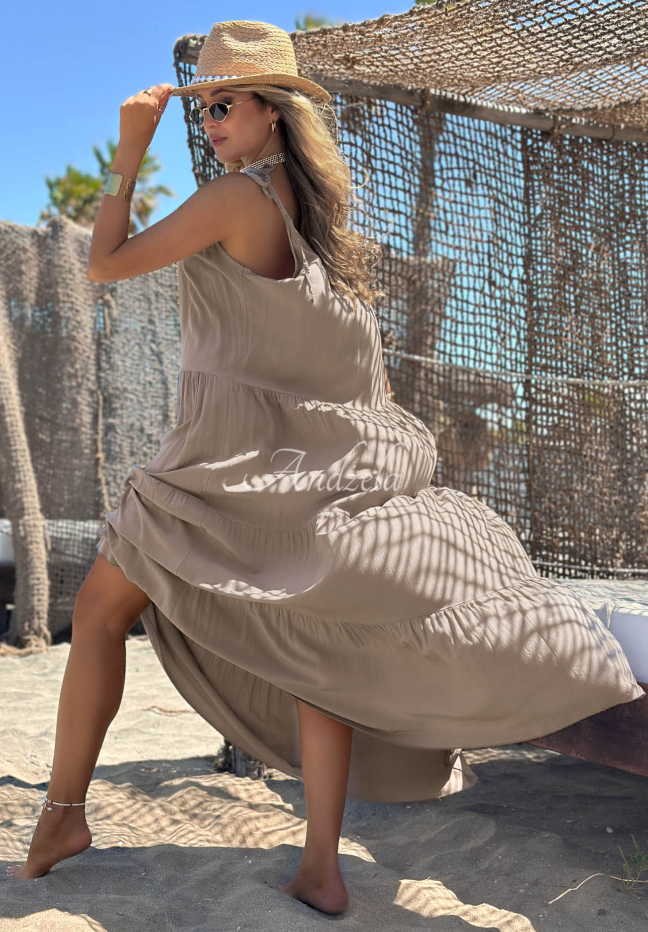 Summer Club mocha viscose spaghetti-strap dress with ruffles