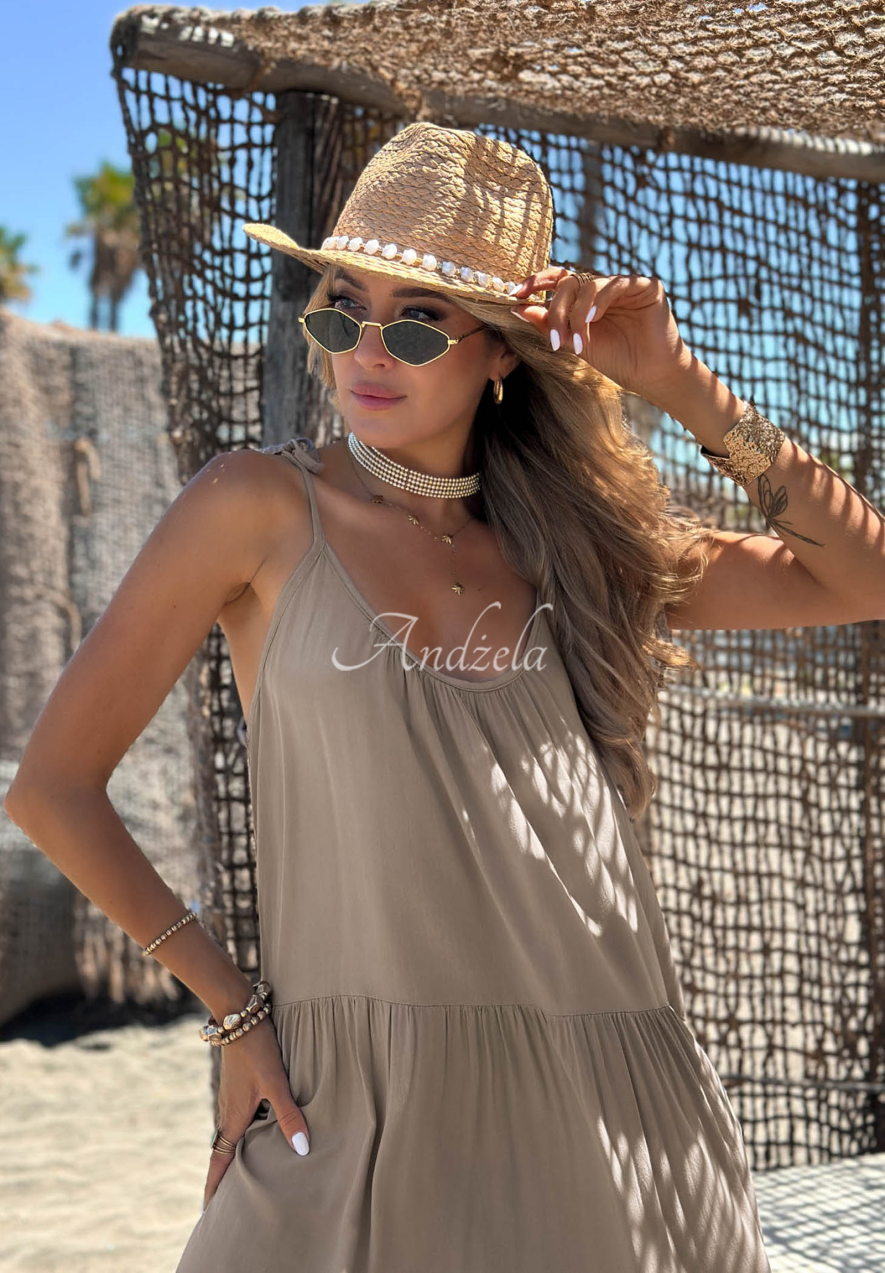 Summer Club mocha viscose spaghetti-strap dress with ruffles