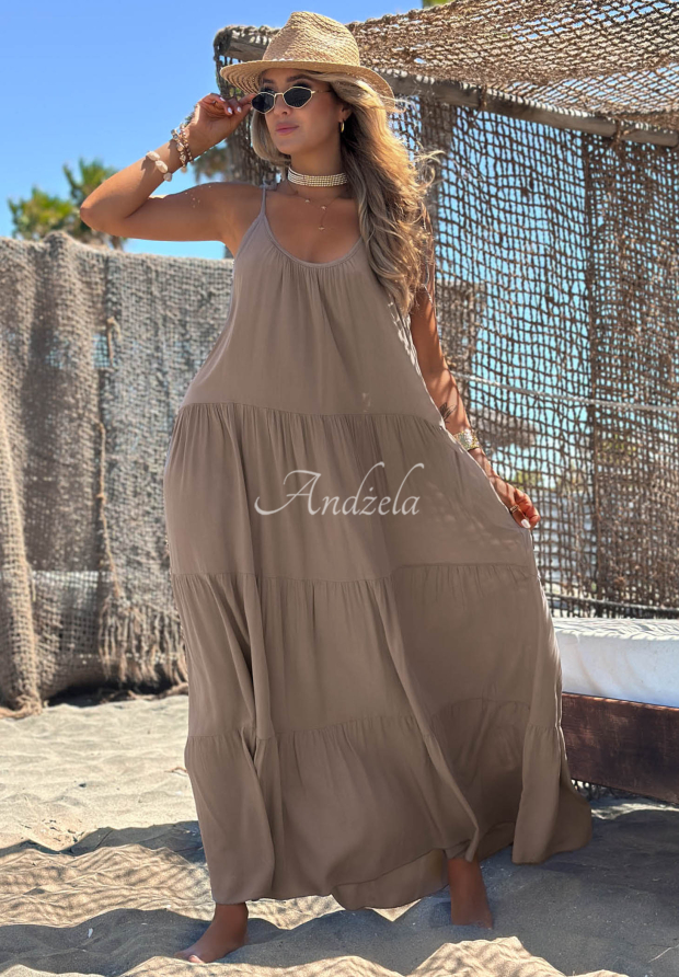Summer Club mocha viscose spaghetti-strap dress with ruffles