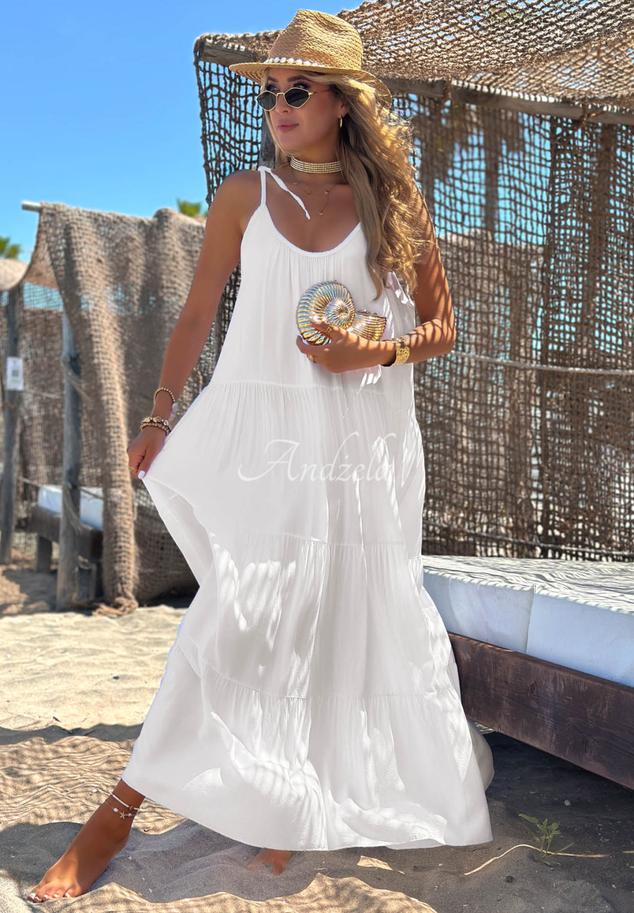 Summer Club White Viscose Spaghetti-Strap Dress with Ruffles
