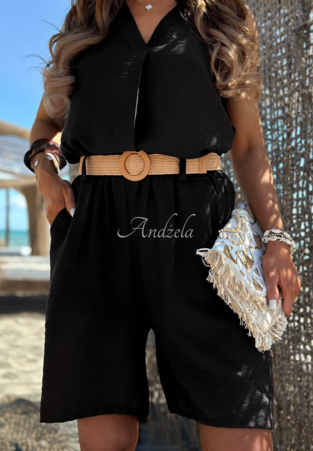 Sunset Escape Black Short Viscose Shorts with a Belt