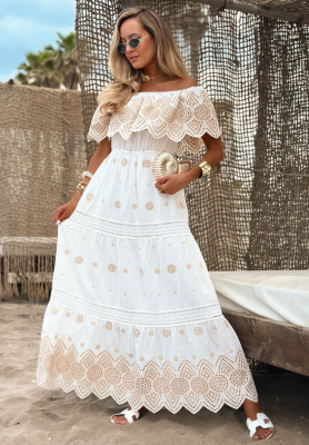 Ażurowa sukienka maxi hiszpanka boho z bawełny Sun Queen biała