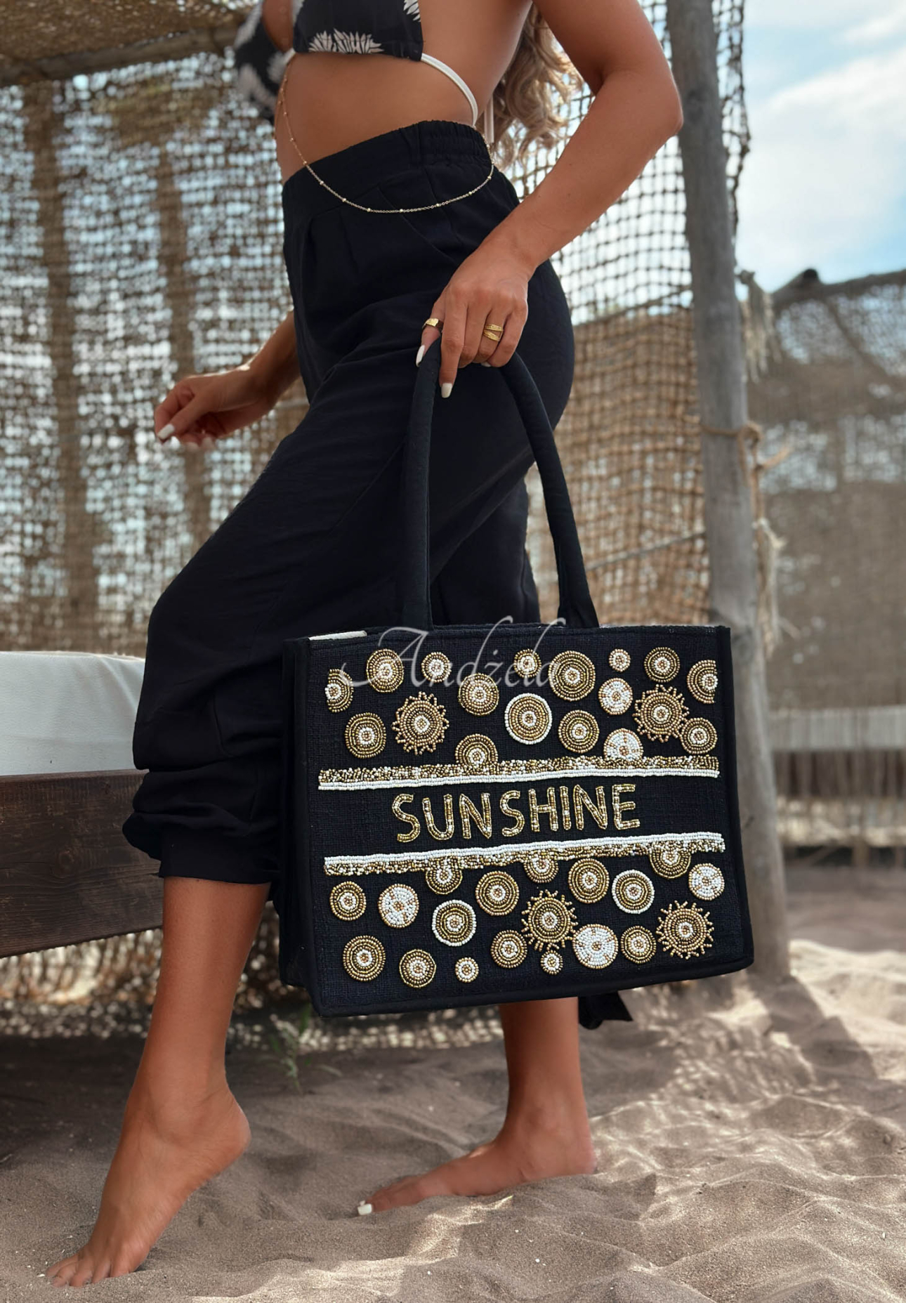 Pleciona torebka wyszywana koralikami boho Sunshine Beads czarna