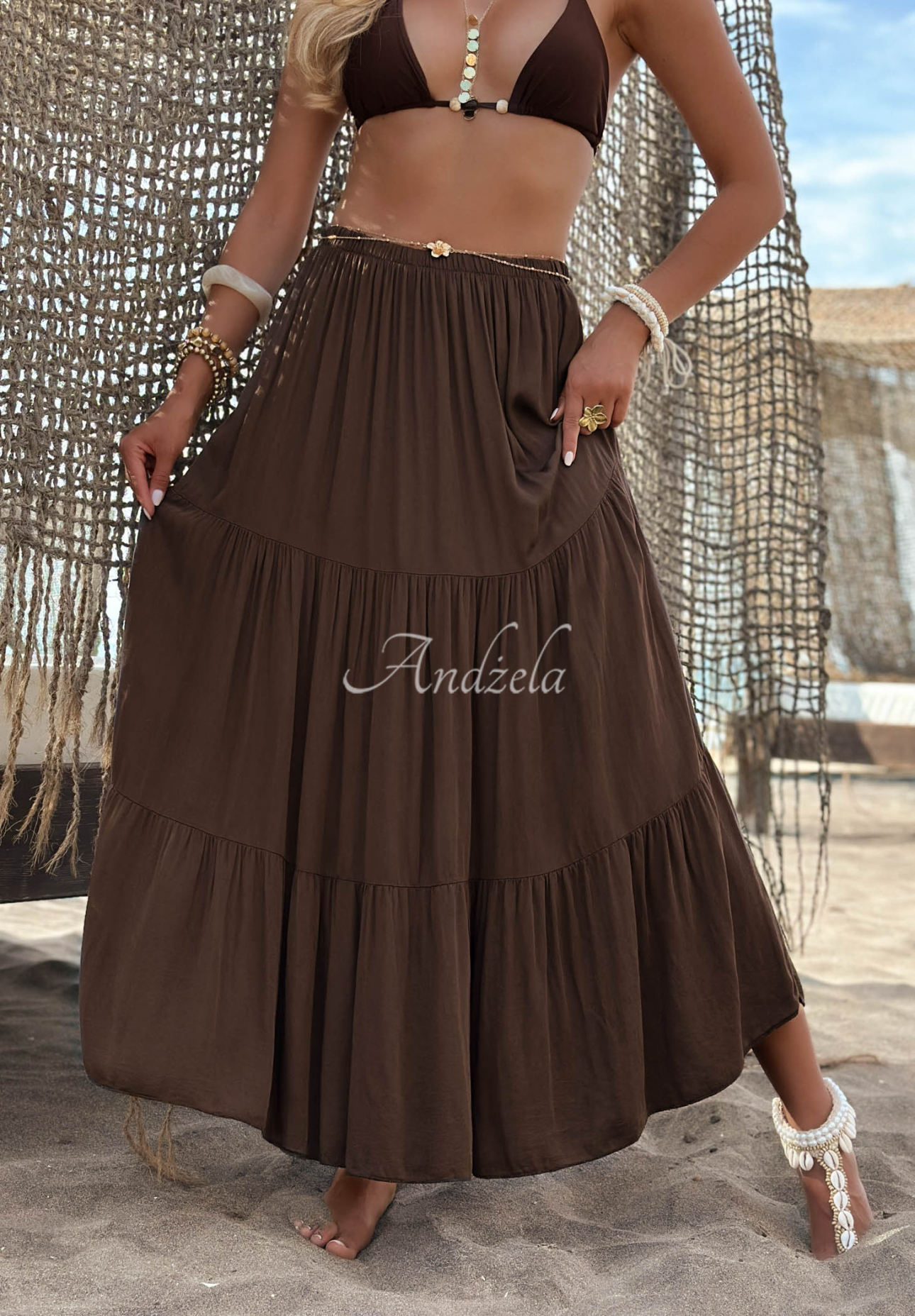 Ocean Escape Chocolate-Colored Viscose Maxi Skirt with Ruffles