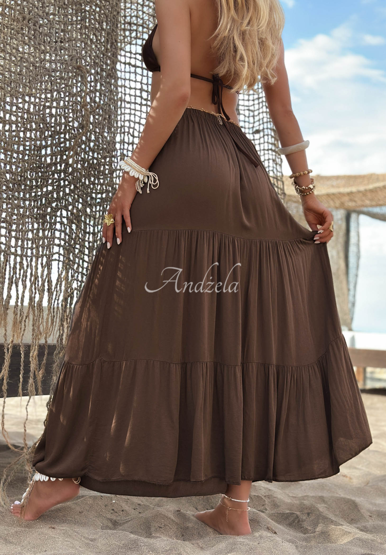 Ocean Escape Chocolate-Colored Viscose Maxi Skirt with Ruffles