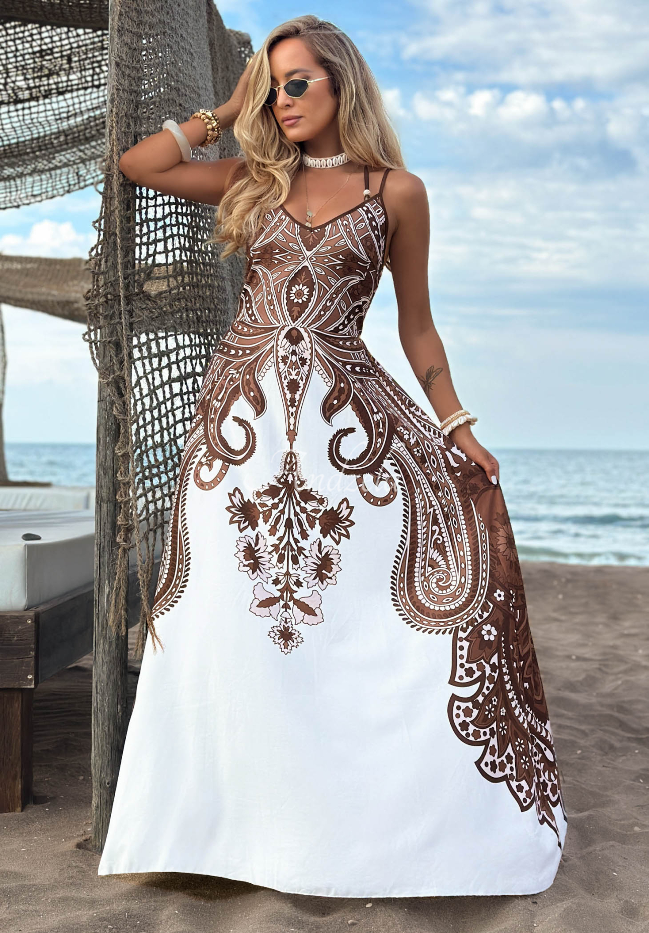 Summer Mozambique White and Chocolate-Brown Patterned Maxi Dress with Straps