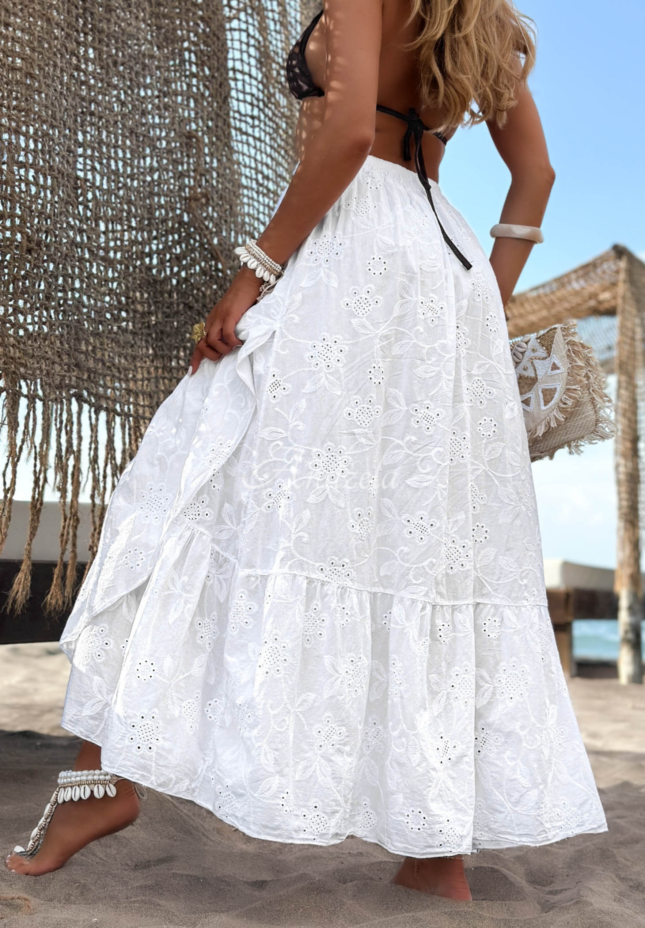 Riviera Daydream White Boho Cotton Openwork Skirt with Ruffles