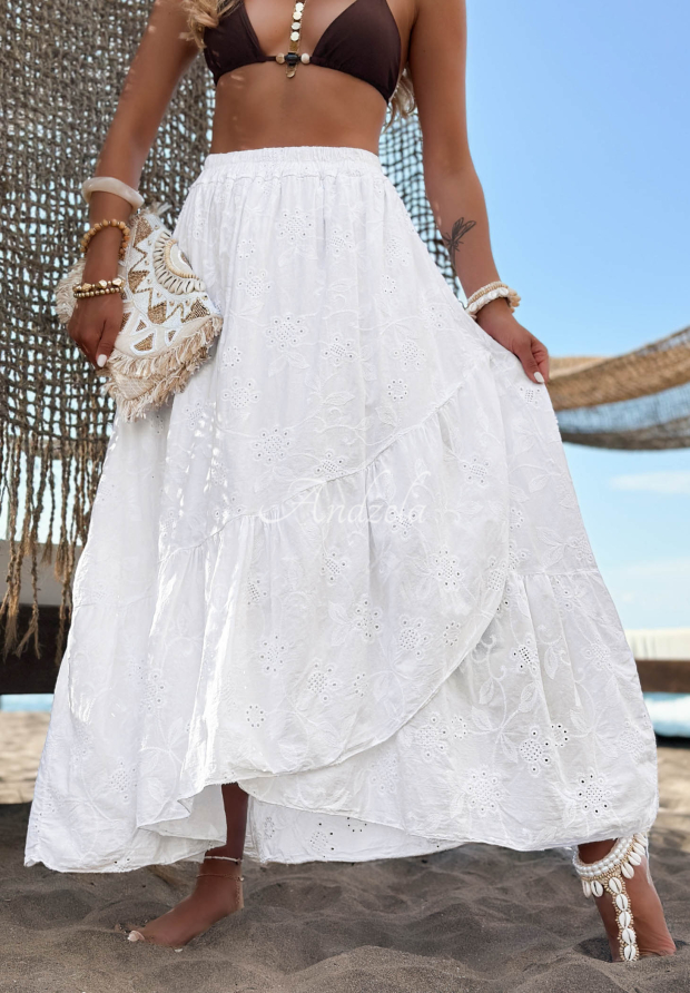 Ażurowa sp&oacute;dnica z bawełny z falbankami boho Riviera Daydream biała