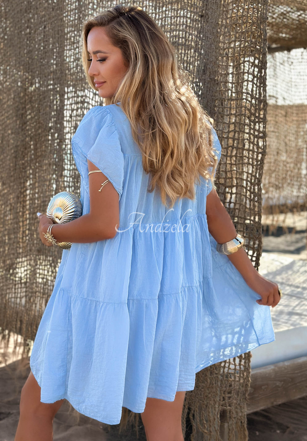 Pretty Summer Light Blue Cotton Mini Dress with Ruffles