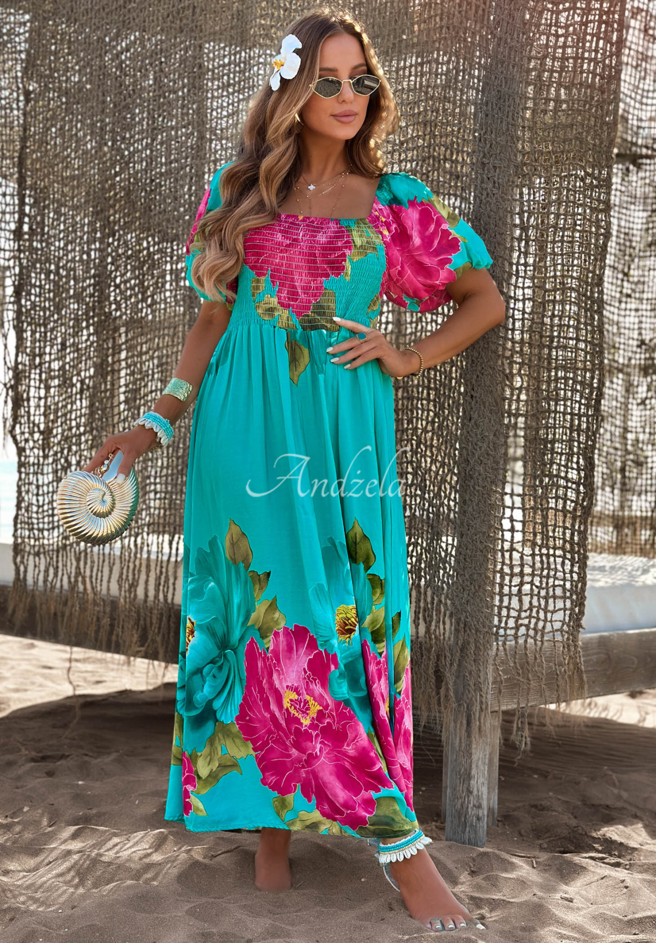 Fiore Sole Turquoise Floral Viscose Off-the-Shoulder Maxi Dress with Ruffles