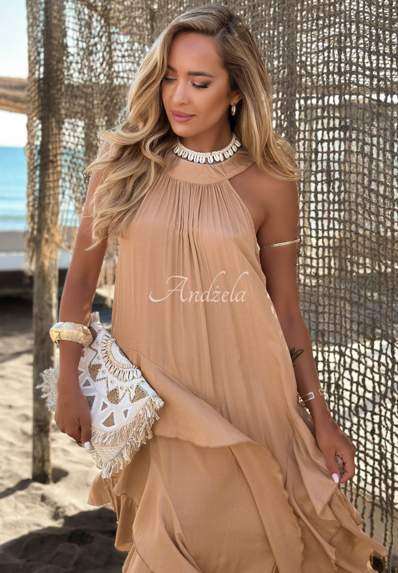 Lagoon Queen Camel-Colored Strapless Dress with Ruffles
