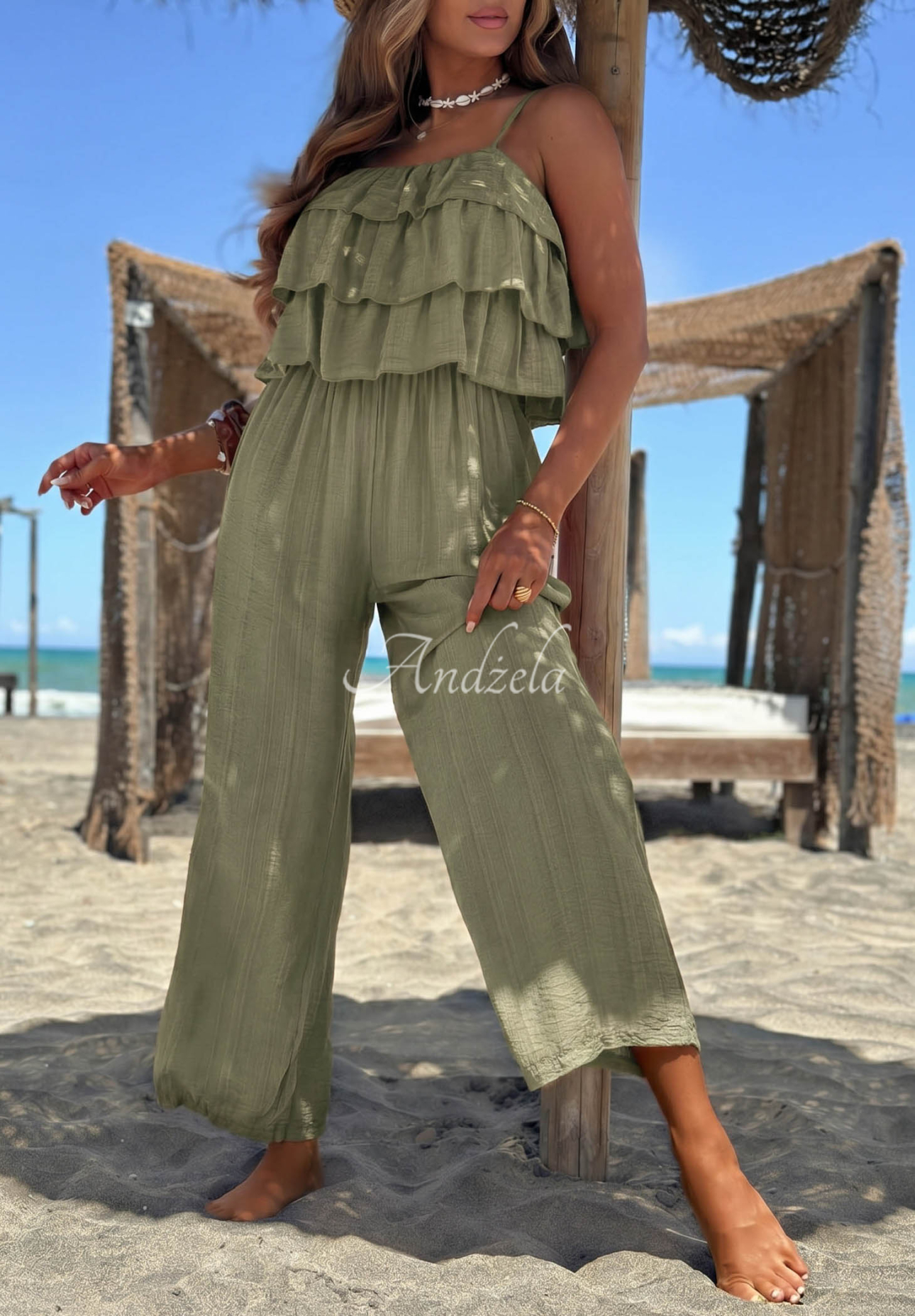 Ocean Charm khaki long viscose jumpsuit with straps and ruffles