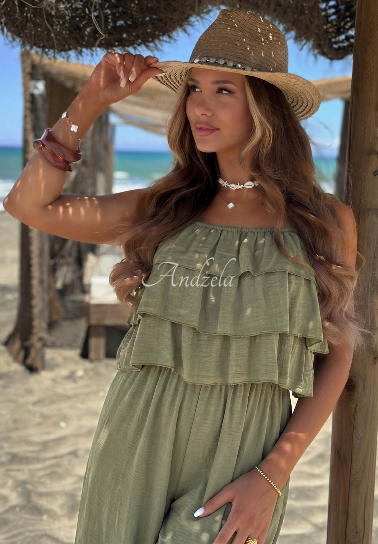 Ocean Charm khaki long viscose jumpsuit with straps and ruffles