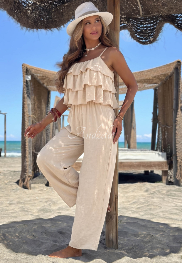 Ocean Charm Long Beige Viscose Jumpsuit with Straps and Ruffles