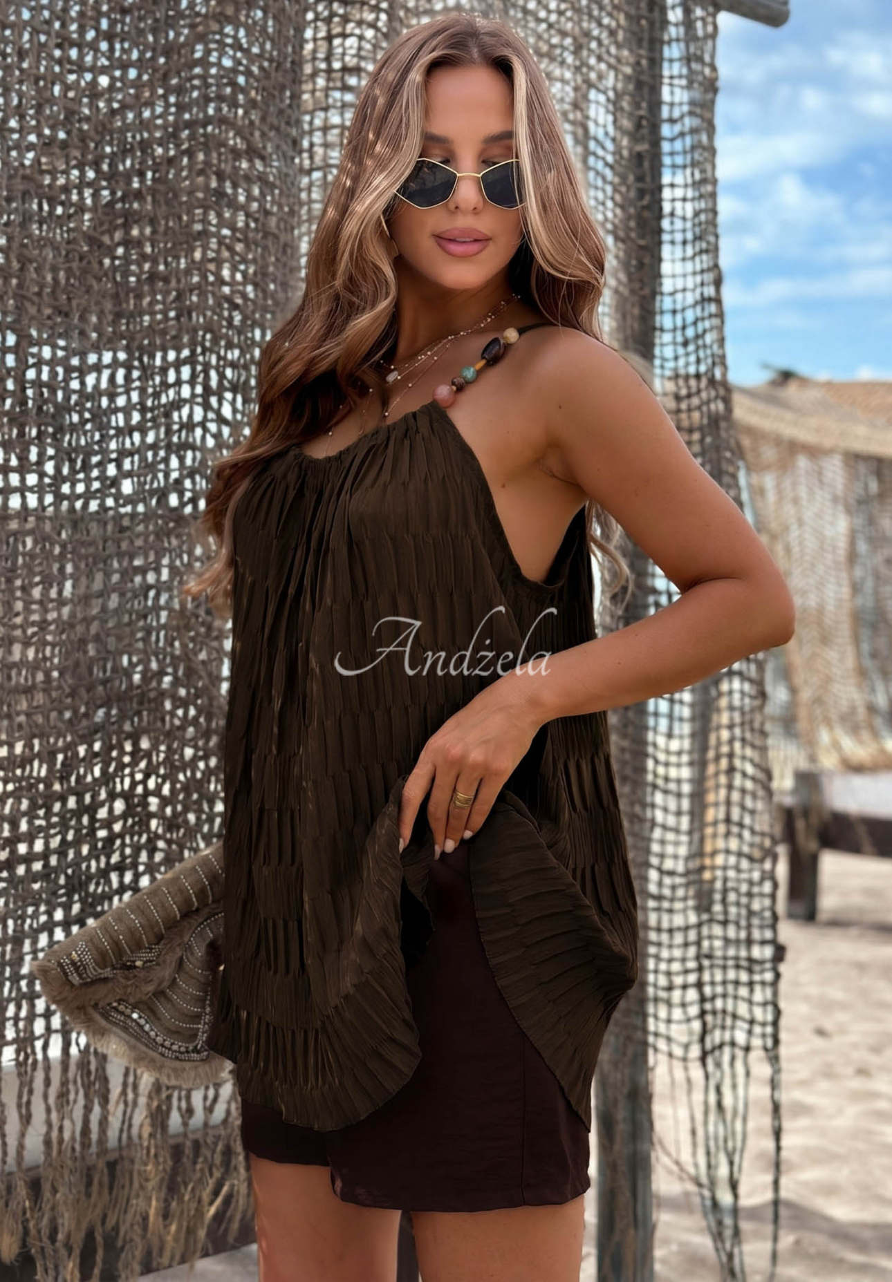 Chocolate Sea Amber Beaded Strapless Top