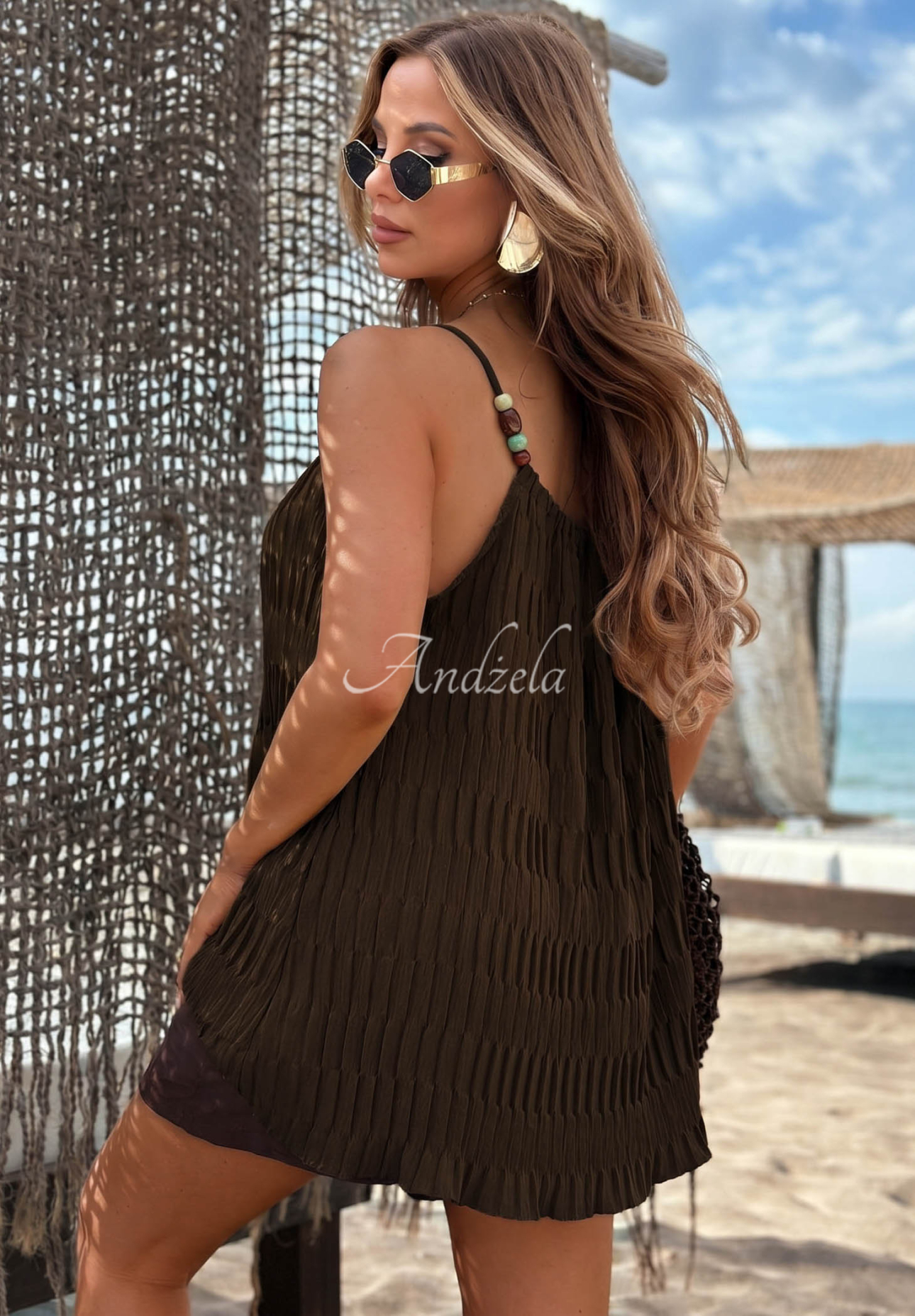 Chocolate Sea Amber Beaded Strapless Top
