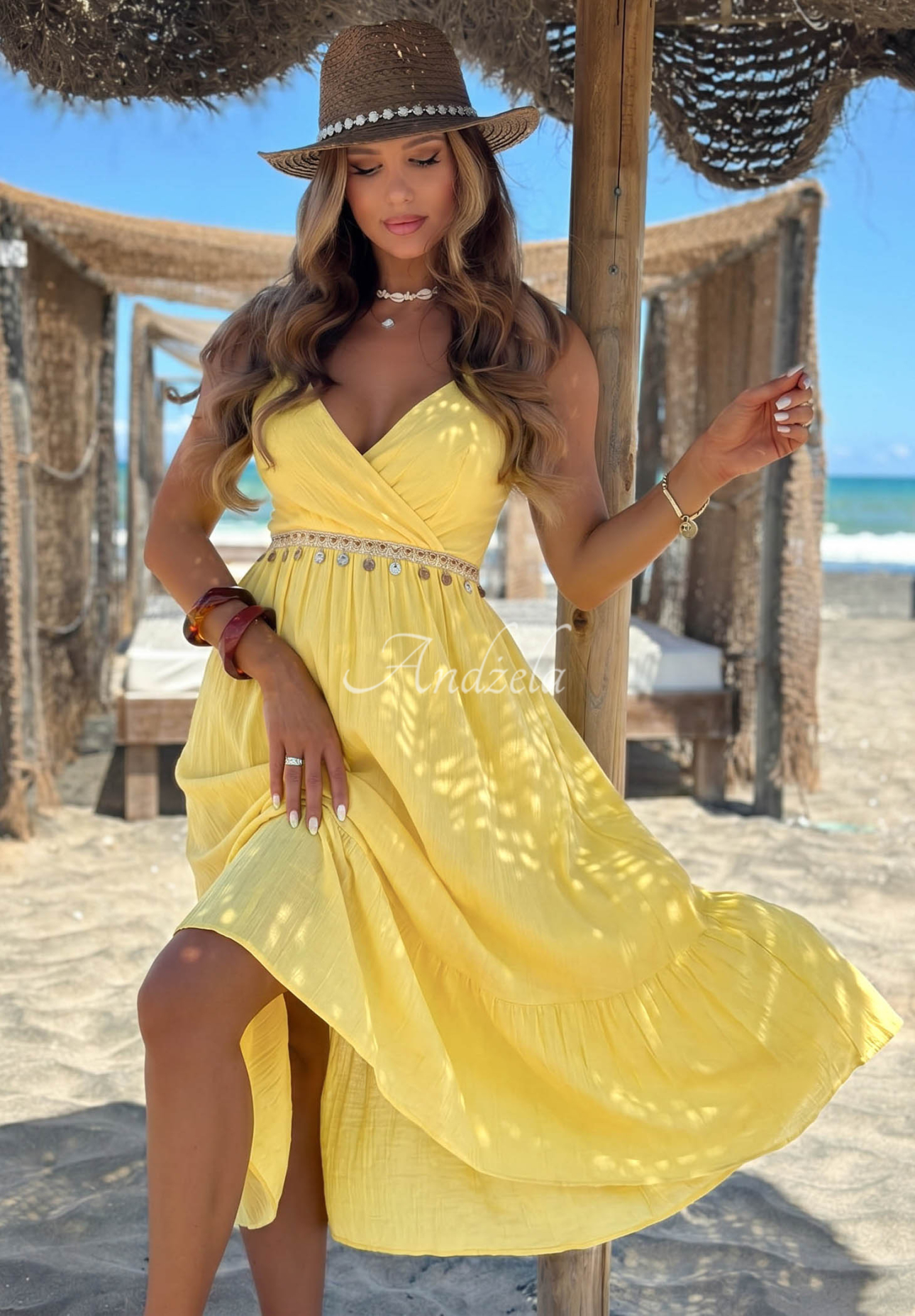 Yellow Island Muse Viscose Spaghetti-Strap Dress with Decorative Appliqué