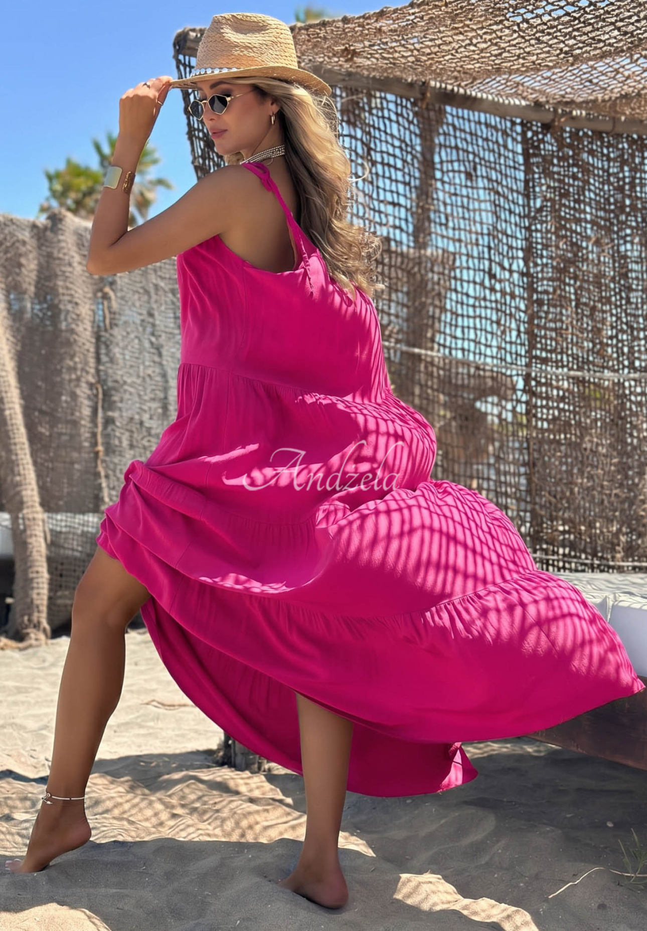 Summer Club Fuchsia Viscose Spaghetti-Strap Dress with Ruffles