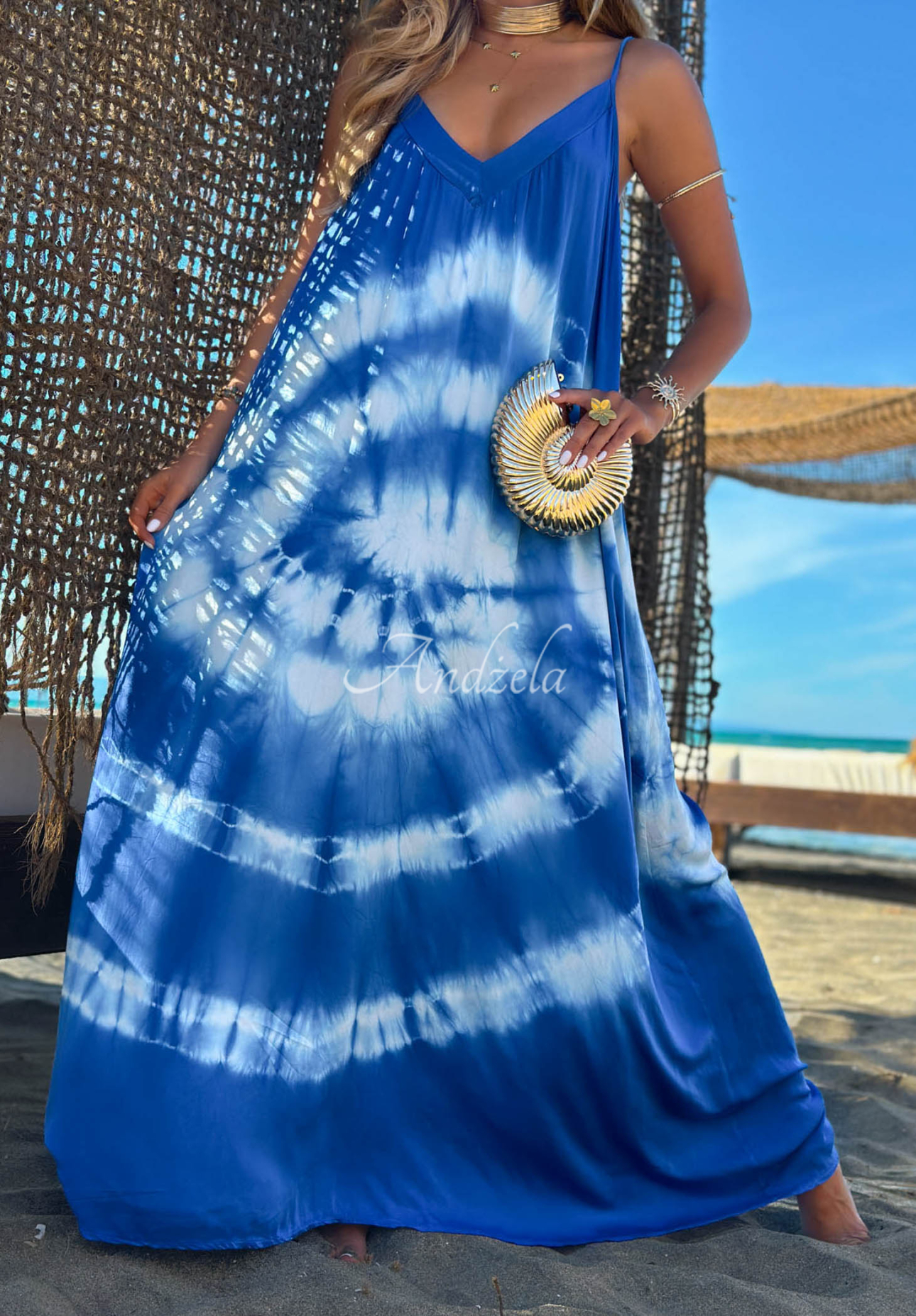 Deep Sea Cobalt-White Tie-Dye Viscose Maxi Dress with Straps