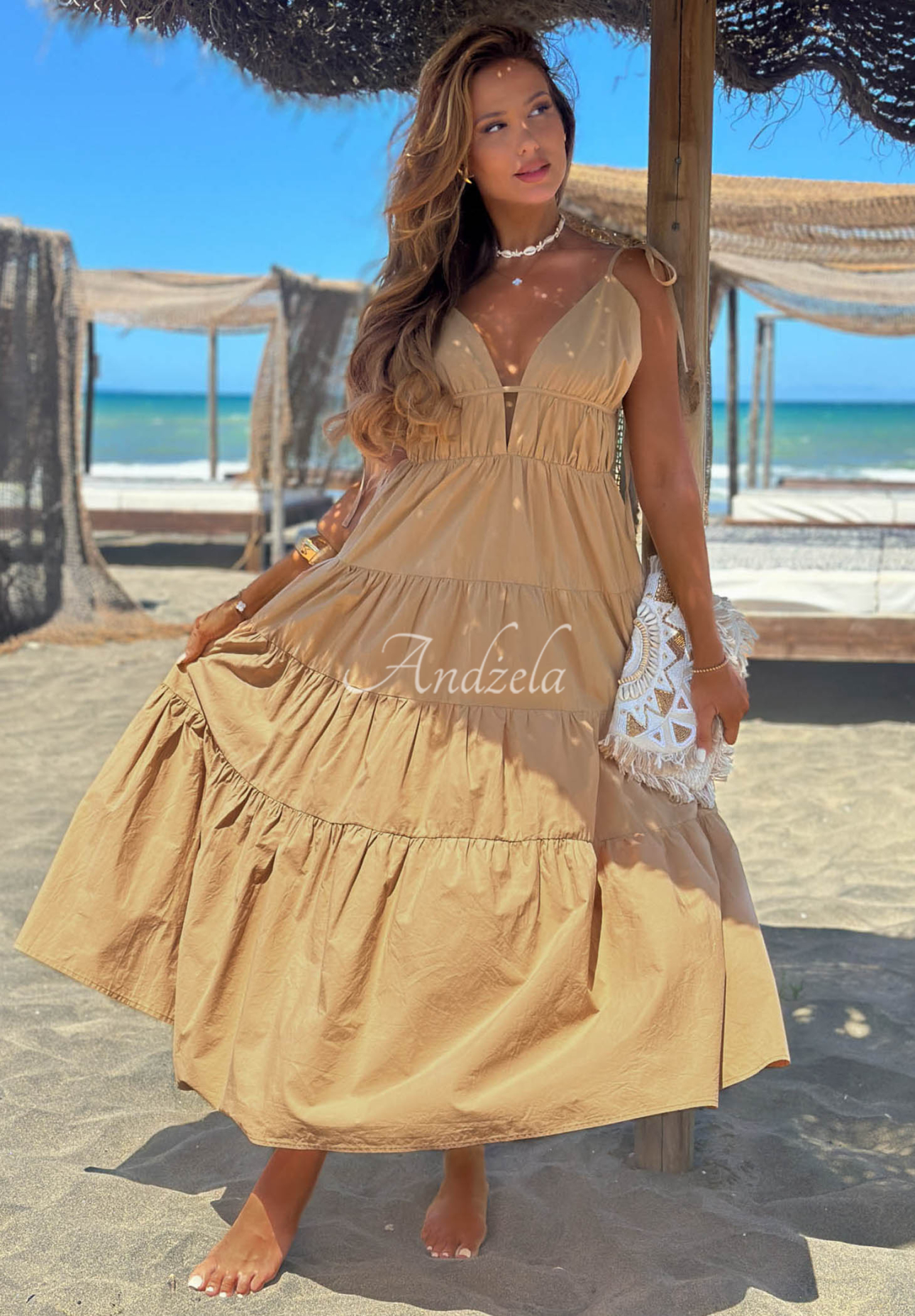 Summer Pearl camel-colored cotton maxi dress with spaghetti straps and ruffles