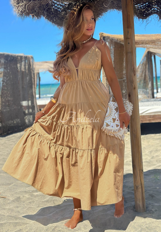 Summer Pearl camel-colored cotton maxi dress with spaghetti straps and ruffles