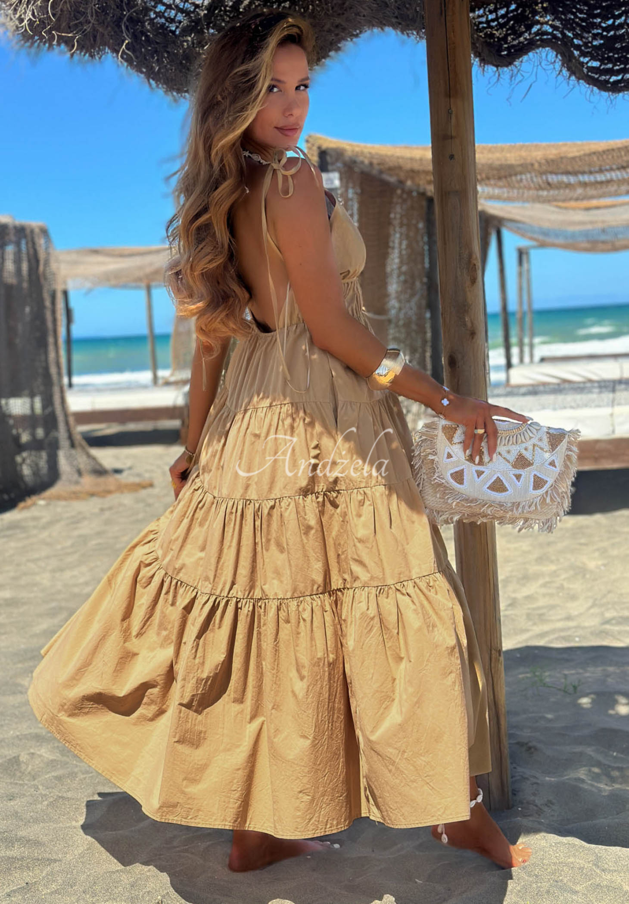 Summer Pearl camel-colored cotton maxi dress with spaghetti straps and ruffles