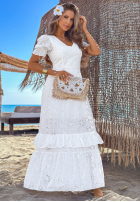 Ażurowa sukienka maxi z bufkami boho Pearl Glow biała