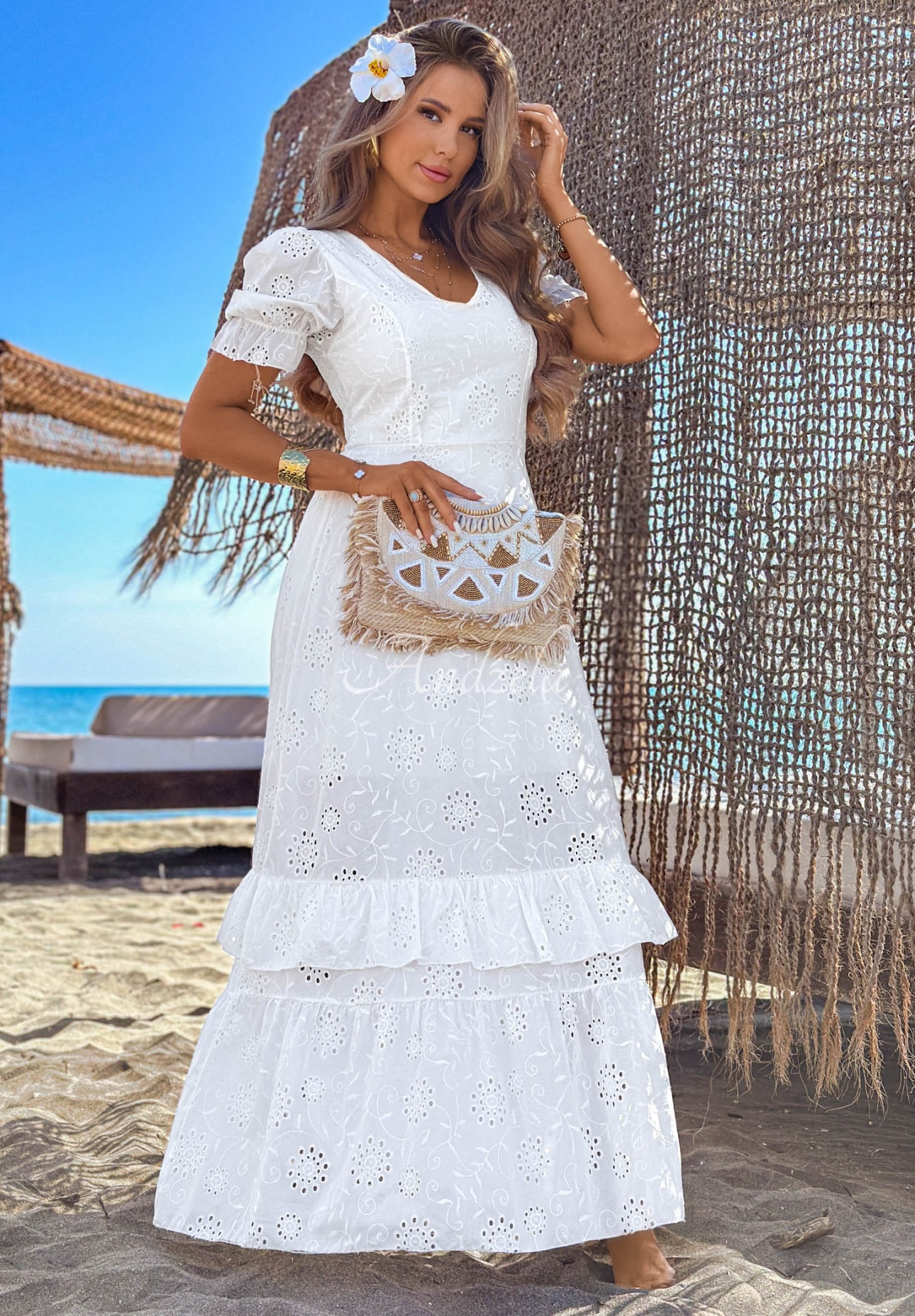 Ażurowa sukienka maxi z bufkami boho Pearl Glow biała