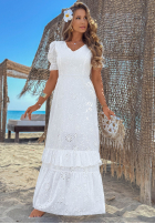 Ażurowa sukienka maxi z bufkami boho Pearl Glow biała