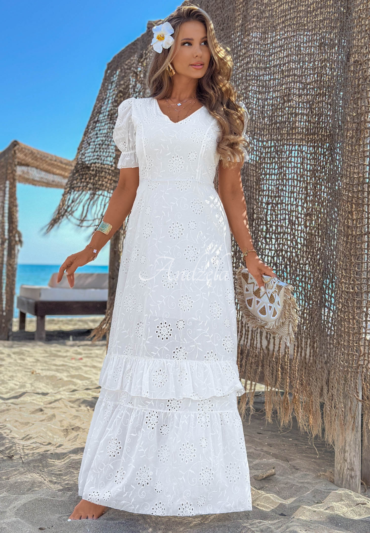Pearl Glow White Boho Maxi Dress with Puff Sleeves and Openwork Design