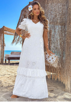 Ażurowa sukienka maxi z bufkami boho Pearl Glow biała