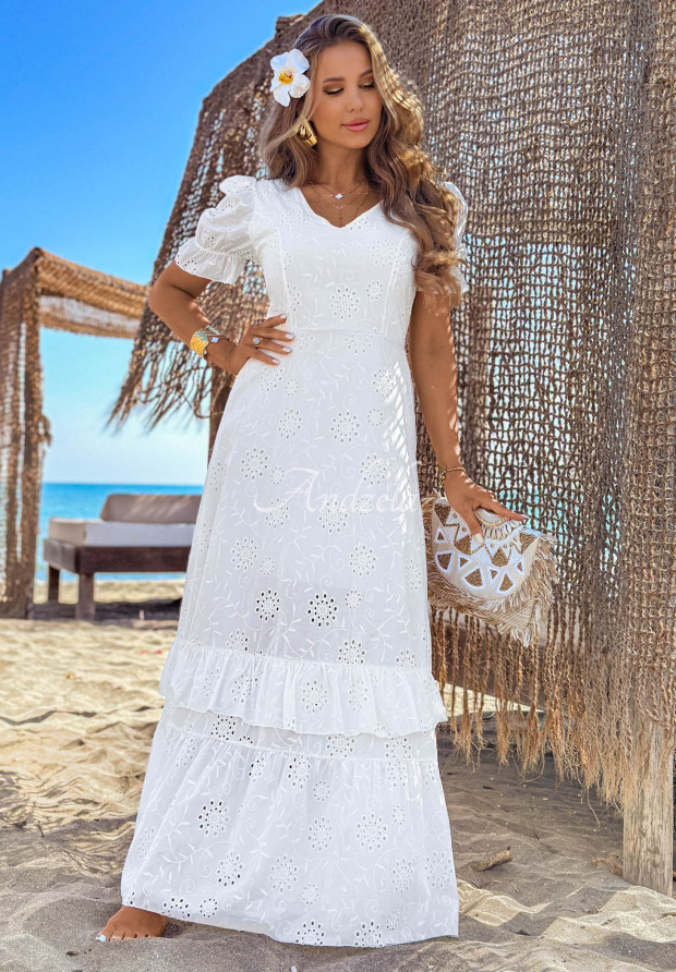 Pearl Glow White Boho Maxi Dress with Puff Sleeves and Openwork Design