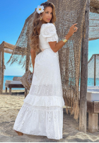Ażurowa sukienka maxi z bufkami boho Pearl Glow biała