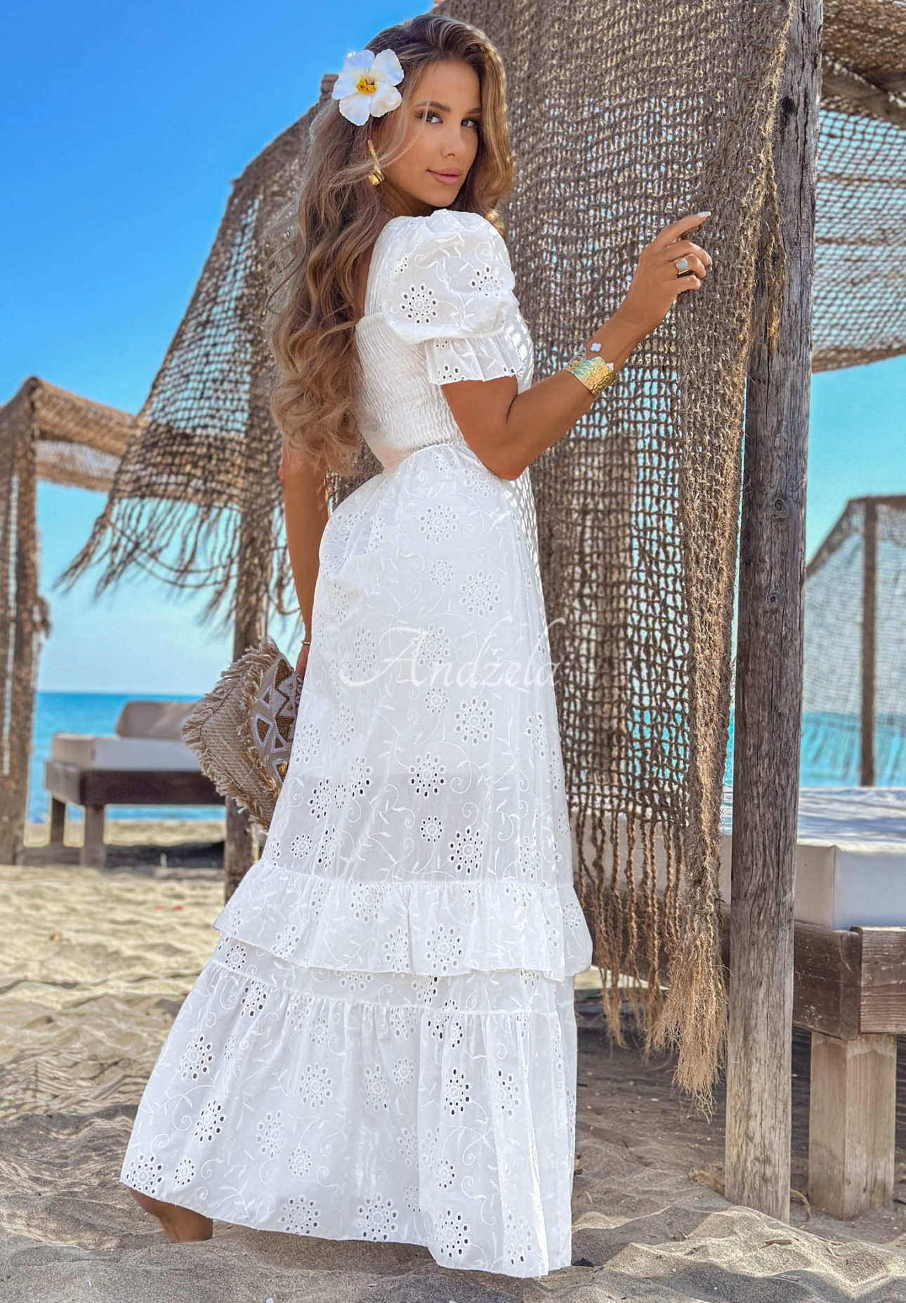 Pearl Glow White Boho Maxi Dress with Puff Sleeves and Openwork Design