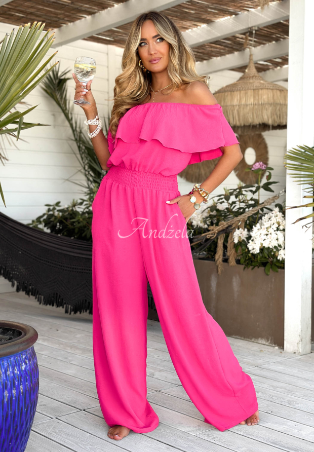 Secret Lagoons Neon Pink Long Off-the-Shoulder Jumpsuit