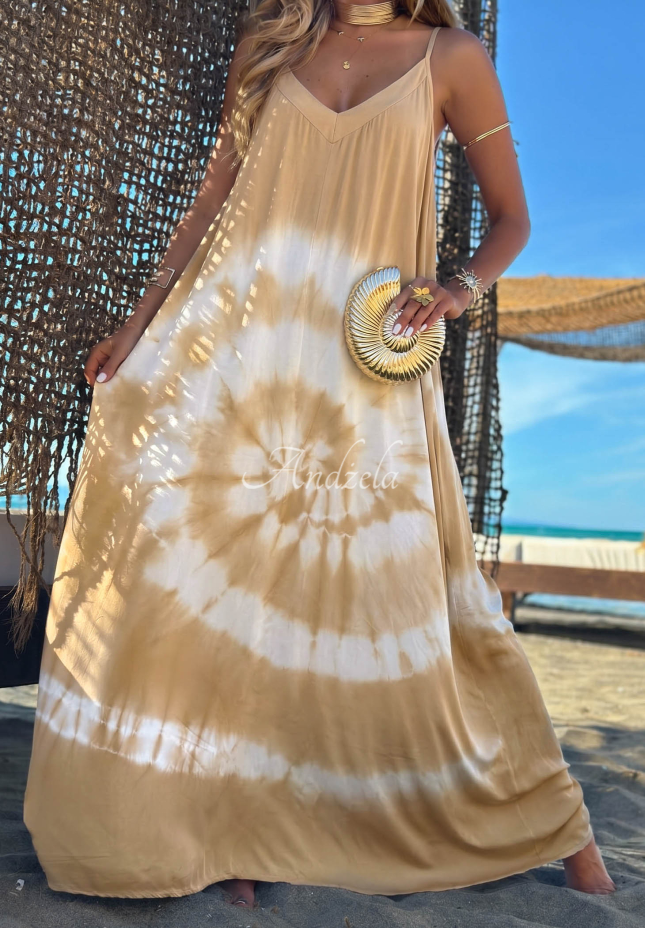 Bawełniana sukienka maxi na ramiączkach tie dye Deep Sea camelowo-biała