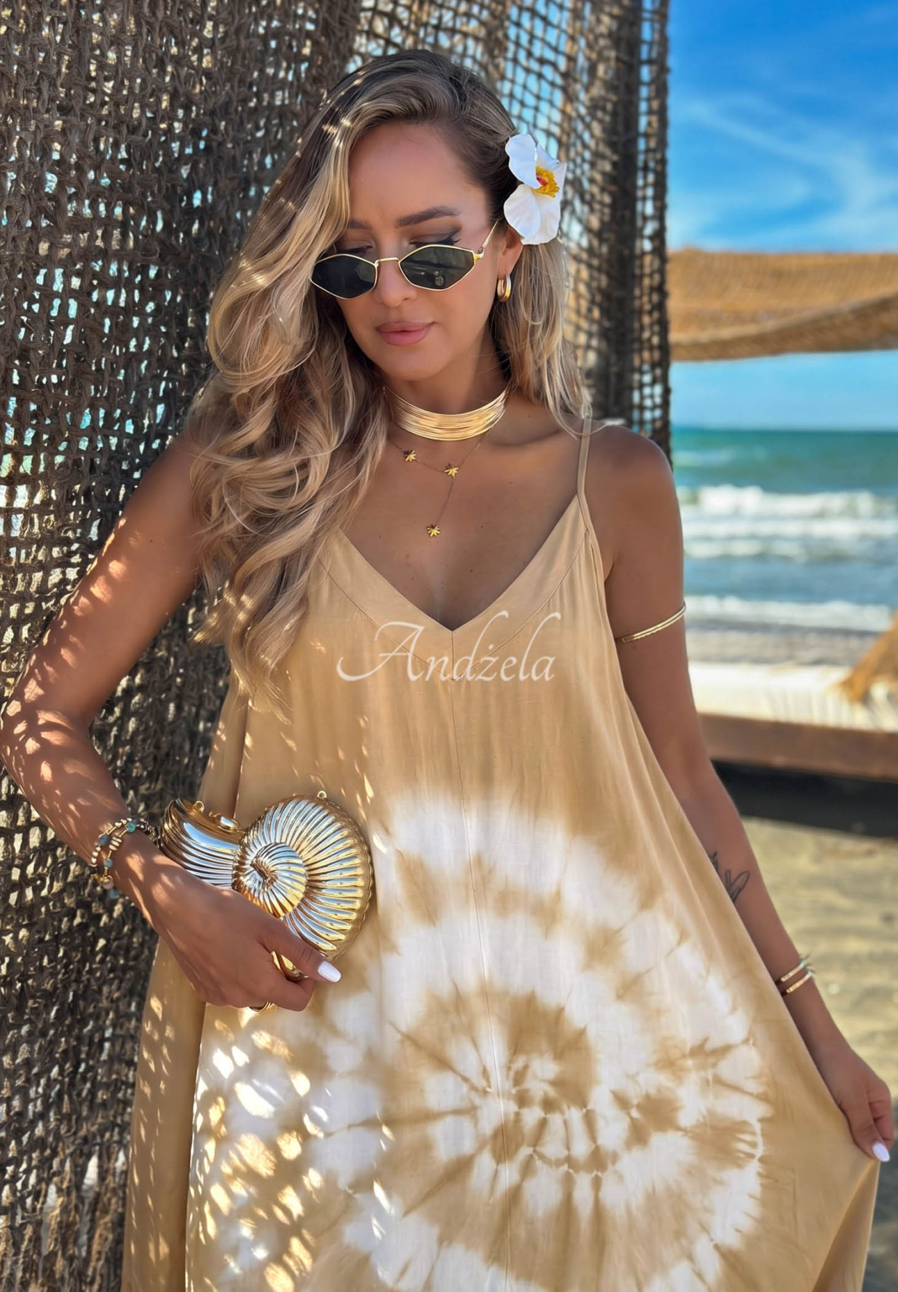 Bawełniana sukienka maxi na ramiączkach tie dye Deep Sea camelowo-biała