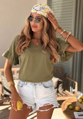 Ask For More Olive Cotton T-Shirt with Ruffles