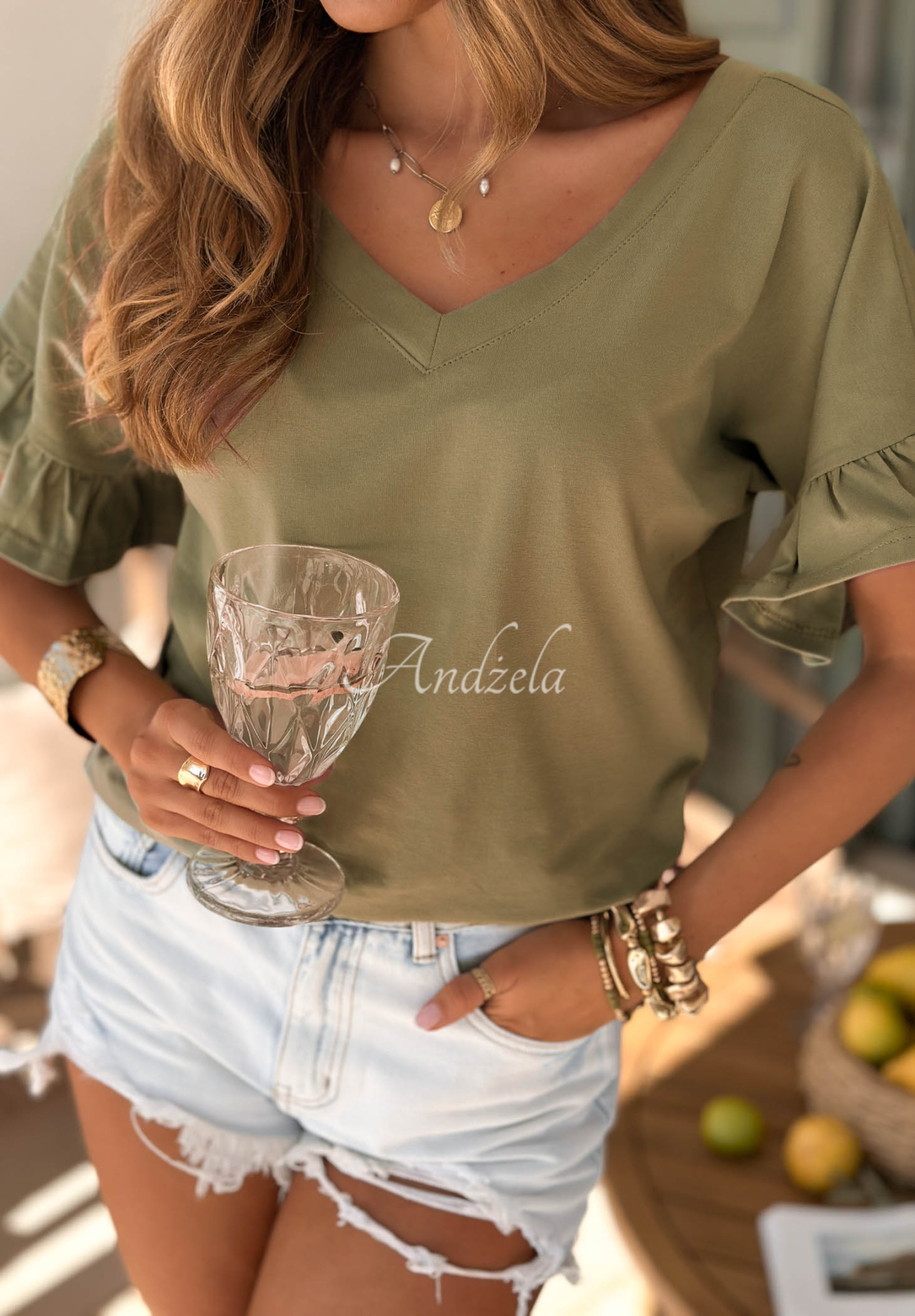 Ask For More Olive Cotton T-Shirt with Ruffles