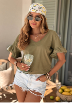 Ask For More Olive Cotton T-Shirt with Ruffles