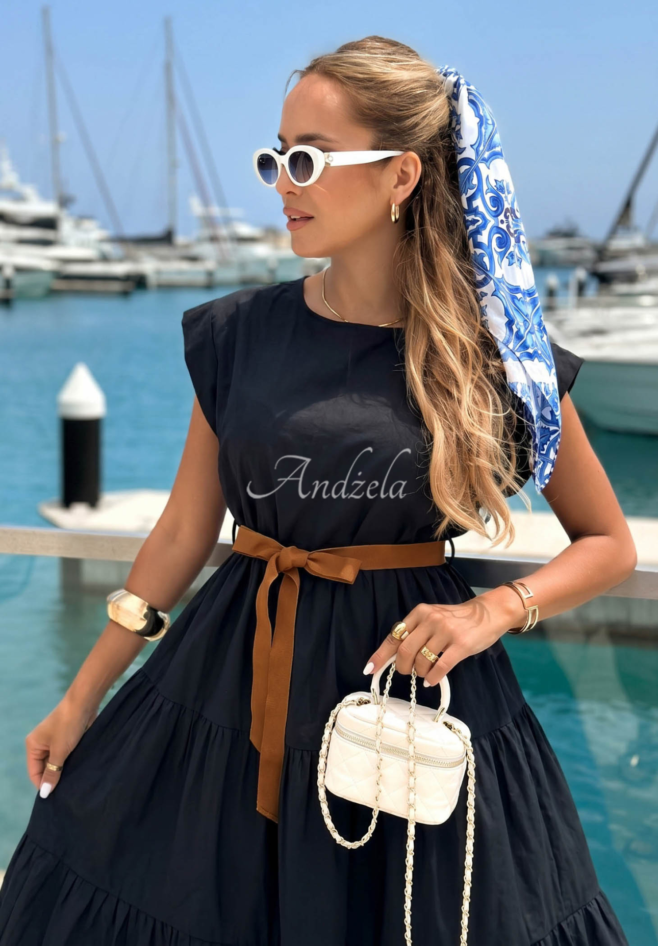Marina Royale Black Cotton Dress with Ruffles and a Belt