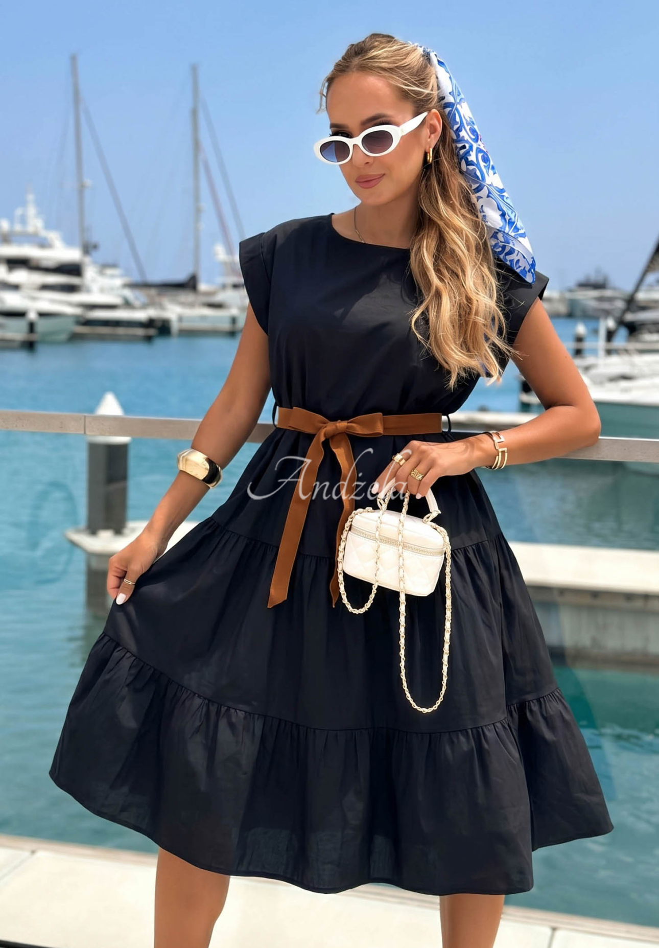 Marina Royale Black Cotton Dress with Ruffles and a Belt